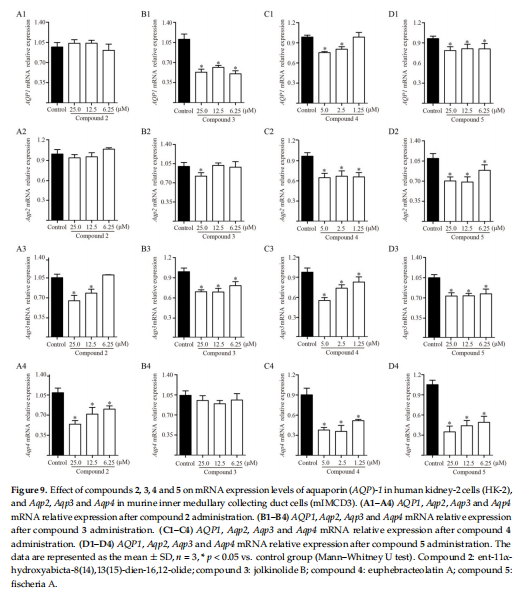 Effect of compounds 23,4 and5 on mRNA expression kevels of aquaporin(AQP)-1 in human kdney-2cells (HK-2), and Ao2,. Aqp3 and Aop4 in murine inner medhulkry colkecting dhuct clls (mlMCD3).